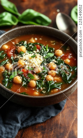 Hearty chickpea and spinach soup with tomatoes and herbs in rustic bowl 128149002