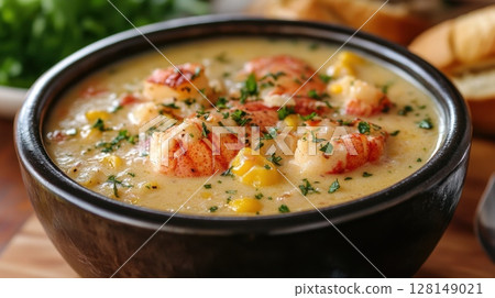 Delicious lobster corn chowder in rustic bowl perfect for seafood lovers 128149021