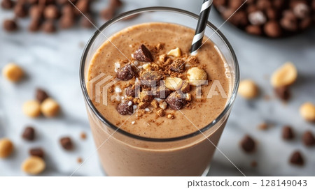 Chocolate hazelnut smoothie with crunchy topping in glass with straw 128149043