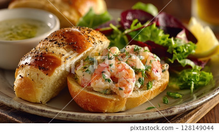 Delicious gourmet seafood sandwich with fresh salad and herb garnish 128149044