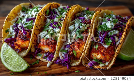 Delicious spicy fish tacos with cabbage slaw and lime on wooden board for culinary inspiration 128149084