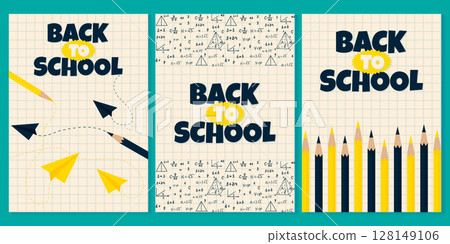 Set of Educational Back to School Posters with School Supplies Vector Illustration. 128149106