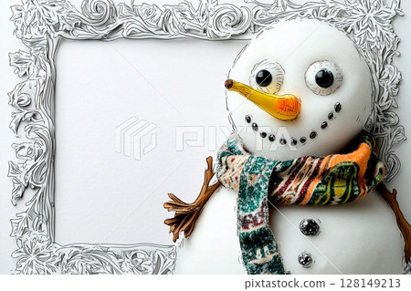Cartoon snowman with exaggerated features joyfully hopping in a snowy winter landscape 128149213