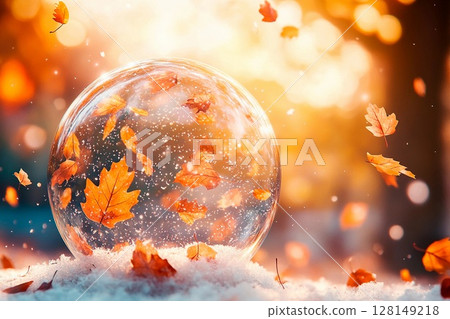 Captivating glass globe filled with vibrant leaves amidst sparkling light 128149218
