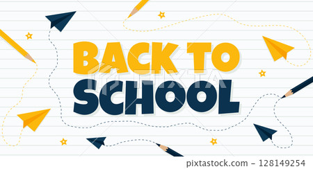 Back to School Banner with Pencils and Paper Planes on Lined Background Vector Illustration. Back to School Banner with Pencils and Paper Planes on Lined Background Vector Illustration. 128149254