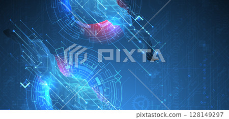 Abstract data background with wireframe wave and circuit lines. Technology concept. Vector Abstract data background with wireframe wave and circuit lines. Technology concept. Vector 128149297