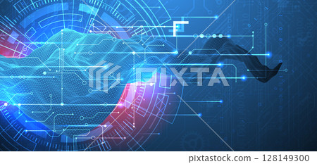 Abstract data background with wireframe wave and circuit lines. Technology concept. Vector 128149300