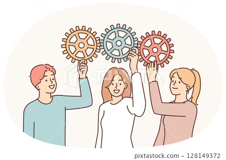 Business people with gears symbolize collaboration between company employees for implementation KPI 128149372
