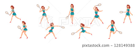 Woman Character Playing Tennis with Ball and Racquet Vector Set 128149388