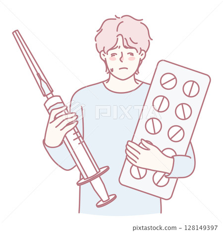A Concerned Individual Holding a Syringe and Pills, Expressing Worry About Health Issues A Concerned Individual Holding a Syringe and Pills, Expressing Worry About Health Issues 128149397