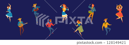 Man and Woman Country Dancer Moving Body Vector Set 128149421
