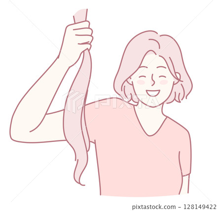 A Joyful Person Holding a Long, Flowing Strand of Hair, Radiating Happiness and Creativity 128149422