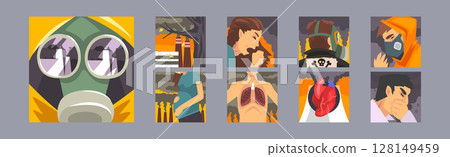 Environmental Pollution and Air Contamination with Suffering People Vector Poster Set 128149459
