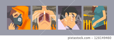 Environmental Pollution and Air Contamination with Suffering People Vector Poster Set 128149460
