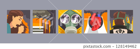Environmental Pollution and Air Contamination with Suffering People Vector Poster Set Environmental Pollution and Air Contamination with Suffering People Vector Poster Set 128149462