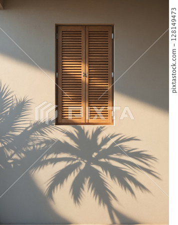 Dayllght palm shadow on wall and shutters on the window 128149473