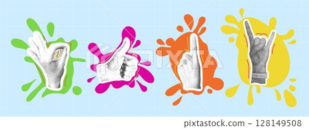 Halftone style hand gestures on bright paint blots 128149508