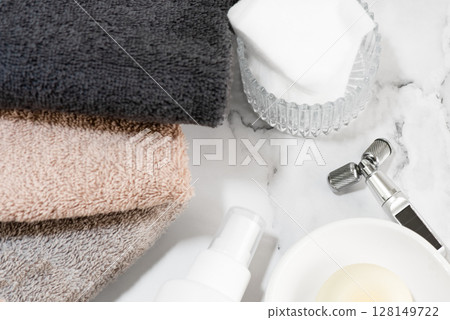 Clean towels and beauty products skin care image Clean towels and beauty products skin care image 128149722