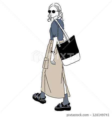 Illustration of a woman wearing a cargo long skirt and sunglasses Illustration of a woman wearing a cargo long skirt and sunglasses 128149741