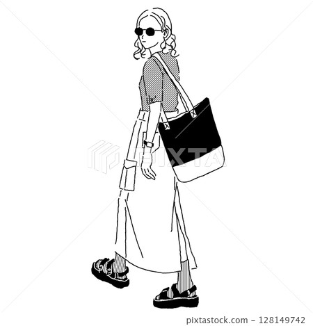 Illustration of a woman wearing a cargo long skirt and sunglasses 128149742