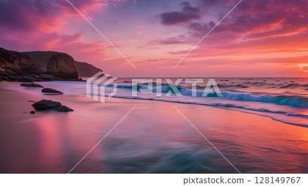 日落海灘和寧靜的海浪 128149767