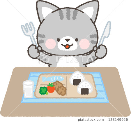 A tabby cat eating a balanced meal with a knife and fork A tabby cat eating a balanced meal with a knife and fork 128149936