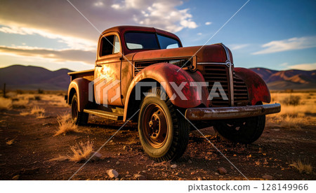 An old red truck is parked in a desert. The truck is rusty and has a faded red paint job. The desert landscape is barren and desolate, with no signs of life. Concept of loneliness and abandonment 128149966