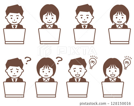 Icon of a man and woman in a brown suit operating a personal computer 128150016