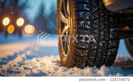 A tire with snow on it is shown in a snowy landscape. The tire is surrounded by a bright light, which creates a sense of contrast between the tire and the snow. The image conveys a feeling of winter A tire with snow on it is shown in a snowy landscape. The tire is surrounded by a bright light, which creates a sense of contrast between the tire and the snow. The image conveys a feeling of winter 128150072