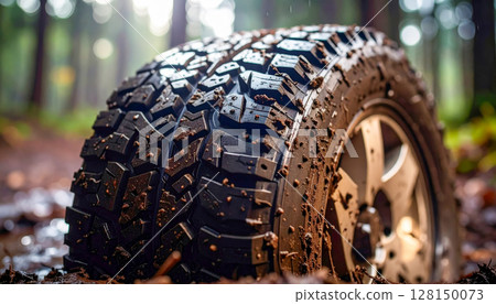 A tire is covered in mud and dirt. The tire is black and has a white rim. The tire is in a muddy field A tire is covered in mud and dirt. The tire is black and has a white rim. The tire is in a muddy field 128150073