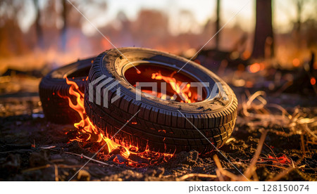 A tire is on fire in the middle of a field. The fire is orange and yellow, and the tire is black. The scene is dramatic and intense, with the fire and tire creating a sense of danger and urgency 128150074