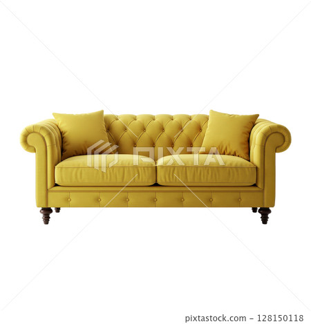 Vibrant yellow two-seater tufted sofa with rolled arms and decorative wooden legs 128150118