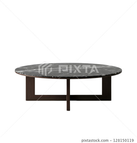 Luxurious round black marble top coffee table with dark wood legs for modern homes 128150119