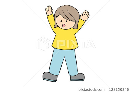 一個簡單的插圖，一個女孩驚訝地舉起雙手 128150246