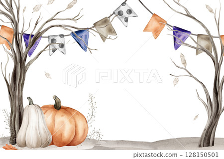 Halloween Banner watercolor illustration. Drawing of autumn frame with garlands and trees on isolated background for Harvest festival or Halloween greeting cards. Border with pumpkin and fall leaves 128150501