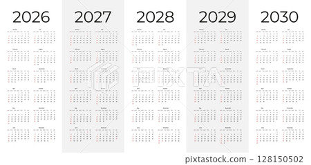 Simple editable vertical vector calendar set for years 2026 to 2030 perfect for planning scheduling organizing personal and business use. Simple editable vertical vector calendar set for years 2026 to 2030 perfect for planning scheduling organizing personal and business use. 128150502