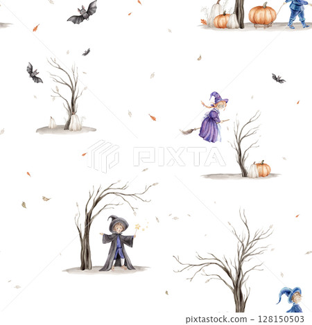 Halloween seamless pattern with watercolor illustration with wizard with a magic wand. Drawing of autumn trees without leaves and witch with on a broomstick, pumpkin and fall leaves, cute black bat 128150503