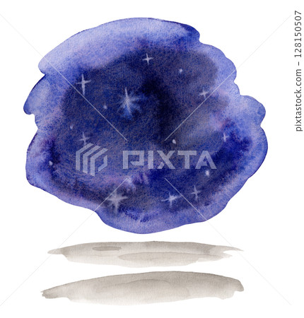 Watercolor piece of purple blue night sky with white stars for background. Hand drawn illustration. Shades of blue and gray watercolor stains for Halloween or character and grey stripes of land Watercolor piece of purple blue night sky with white stars for background. Hand drawn illustration. Shades of blue and gray watercolor stains for Halloween or character and grey stripes of land 128150507