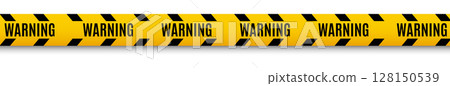 Yellow warning tape with black stripes and bold WARNING text, indicating a restricted or hazardous area. 128150539