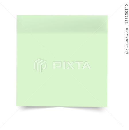Green sticky note with curled bottom edge and soft shadow, blank and isolated on white background, clean and minimal look. 128150540