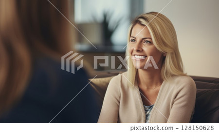 Visit to a psychologist. Woman sits on a couch and talks to a psychotherapist. 128150628