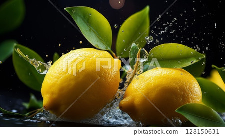 Splash of sliced lemon with water drops over dark background 128150631