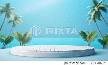 White wooden podium summer beach. Product stage on palm tropic landscape background White wooden podium summer beach. Product stage on palm tropic landscape background 128150634