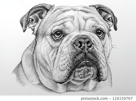 Detailed black white English Bulldog drawing portrait white background 128150767