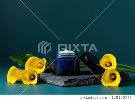 Night cream jar surrounded by vibrant yellow calla lilies on a blue background 128150775