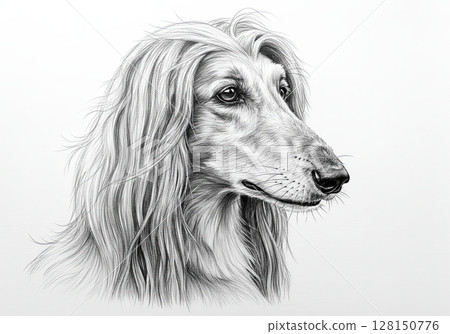 Pencil drawing of an elegant Afghan Hound showcasing its distinctive features and fur texture 128150776