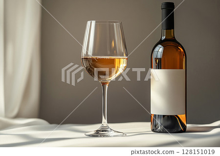 Premium beverage Wine Glass with white wine and a bottle of wine with a blank label next to it. Mockup for wine industry branding. 128151019