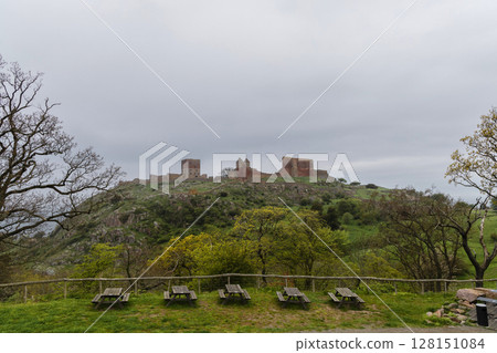 Beautiful view of ancient ruins Hammershus in cloudy weather on the island Bornholm, Denmark Beautiful view of ancient ruins Hammershus in cloudy weather on the island Bornholm, Denmark 128151084