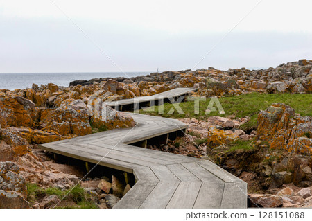 Coast line of sea. Stones covered with yellow and green moss and cloudy sky. Coast line of sea. Stones covered with yellow and green moss and cloudy sky. 128151088