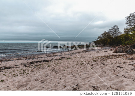 Sea sandy beach in cloudy weather. Seascape 128151089